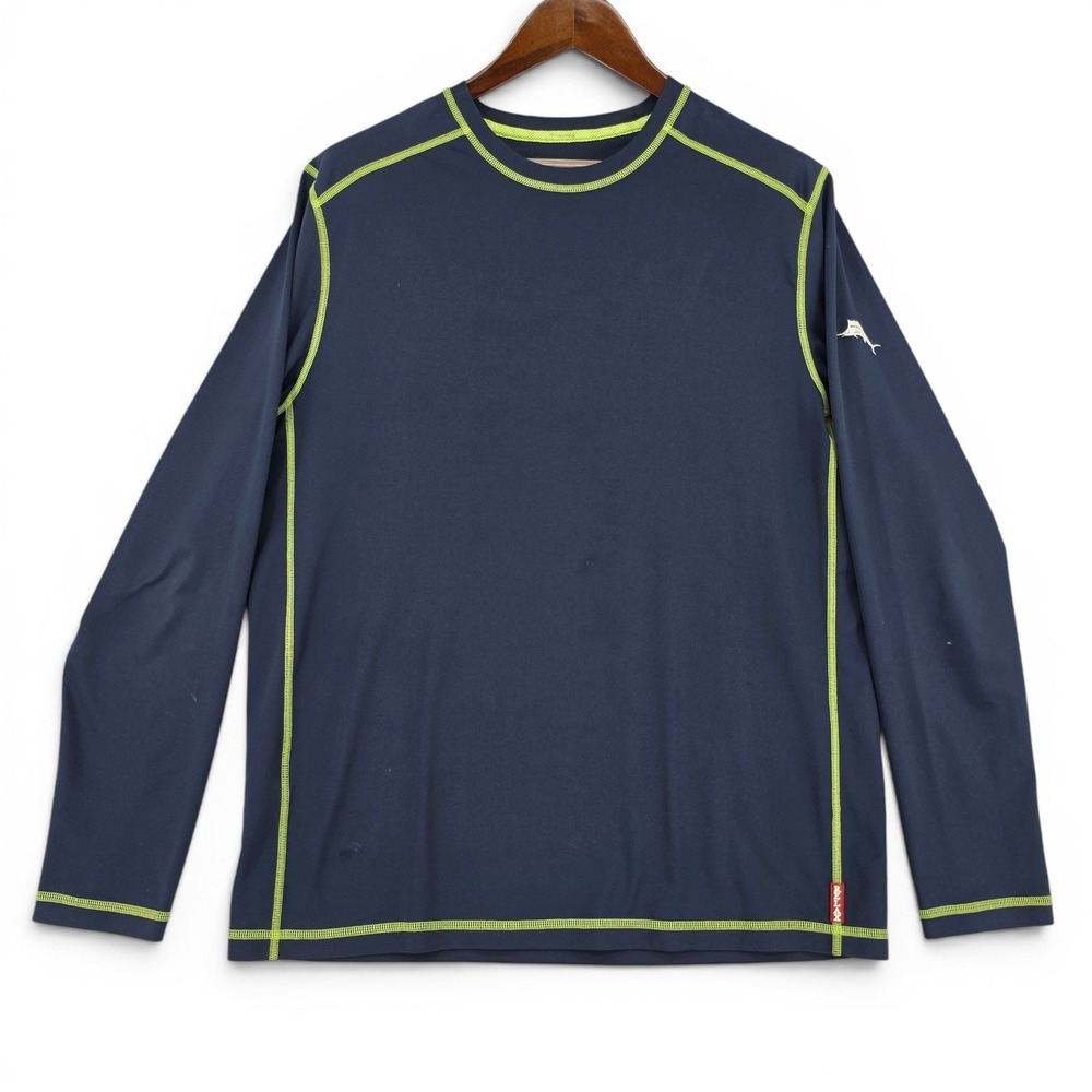 Tommy Bahama Relax L UV Tech Rash Guard Swim Shirt Navy Lime‎ UPF 30 EUC Mens